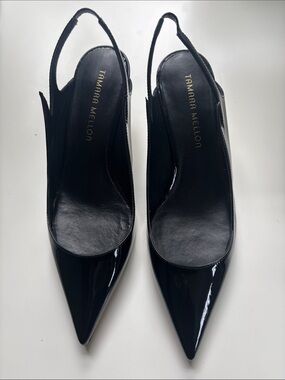 Tamara Mellon Black Patent Pointed Slingback Pumps